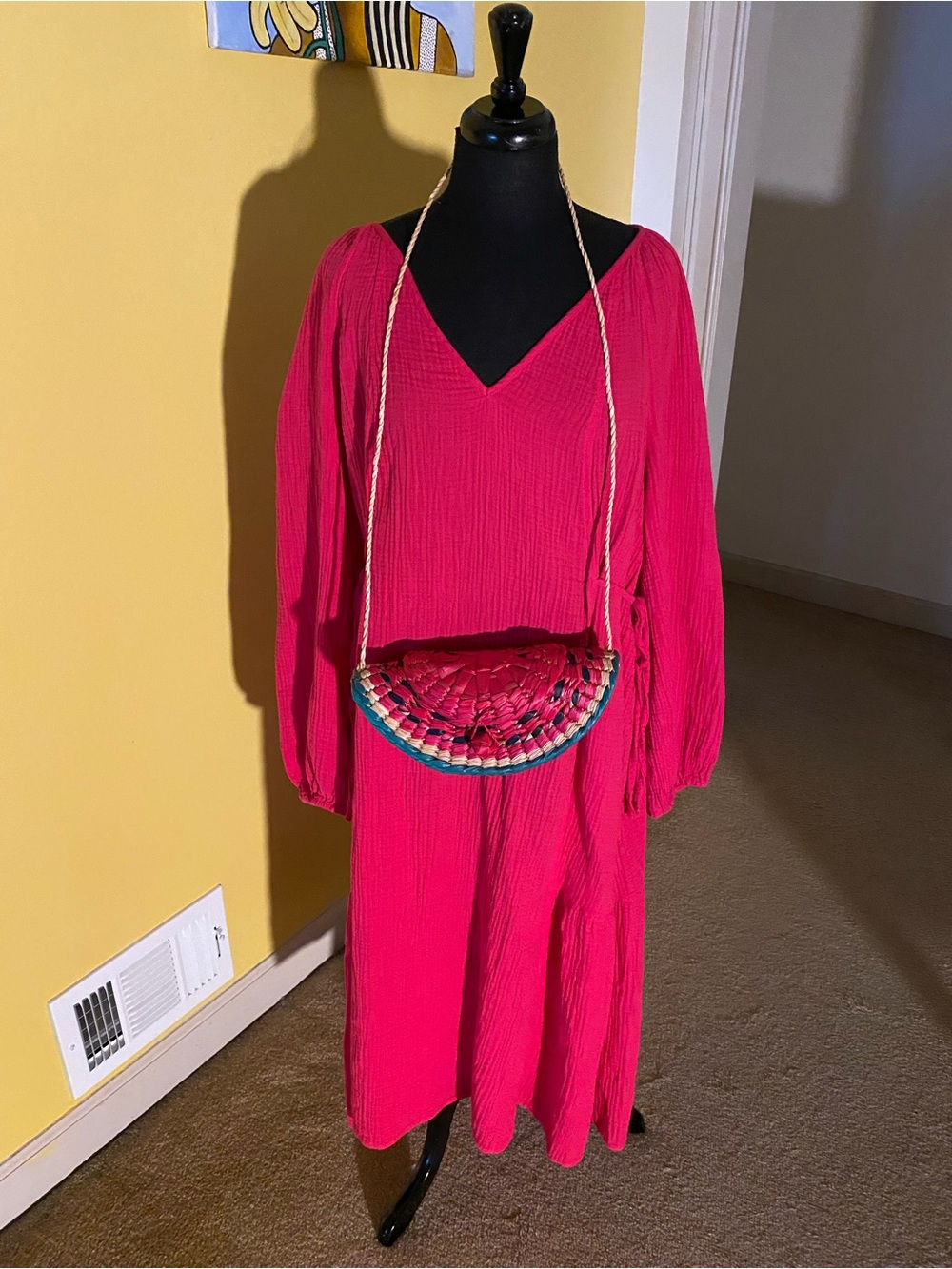 Bright Pink V-Neck Long Sleeve Maxi Dress